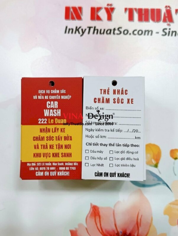 In thẻ nhắc chăm sóc xe, thẻ giấy C300gsm 9x5.4cm, bấm lỗ tròn, hàng gửi đi Quảng Trị từ TPHCM - INKTS1237