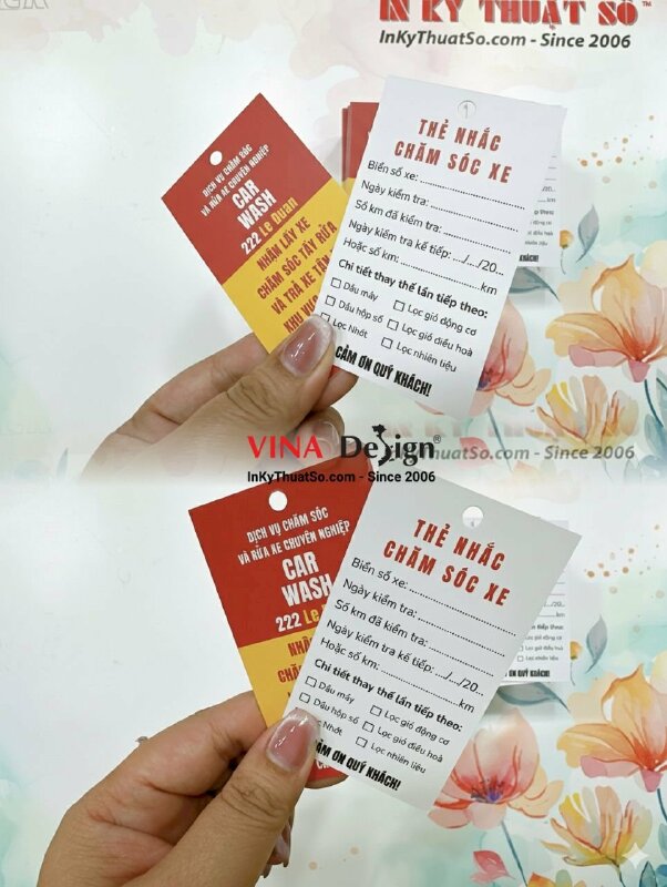 In thẻ nhắc chăm sóc xe, thẻ giấy C300gsm 9x5.4cm, bấm lỗ tròn, hàng gửi đi Quảng Trị từ TPHCM - INKTS1237