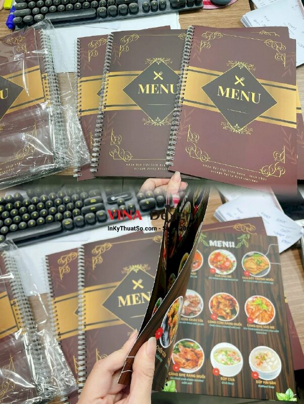 Làm menu nhựa mỏng in laser đóng gáy lò xo, menu quán ăn gia đình, nhà hàng tiệc - INKTS2853
