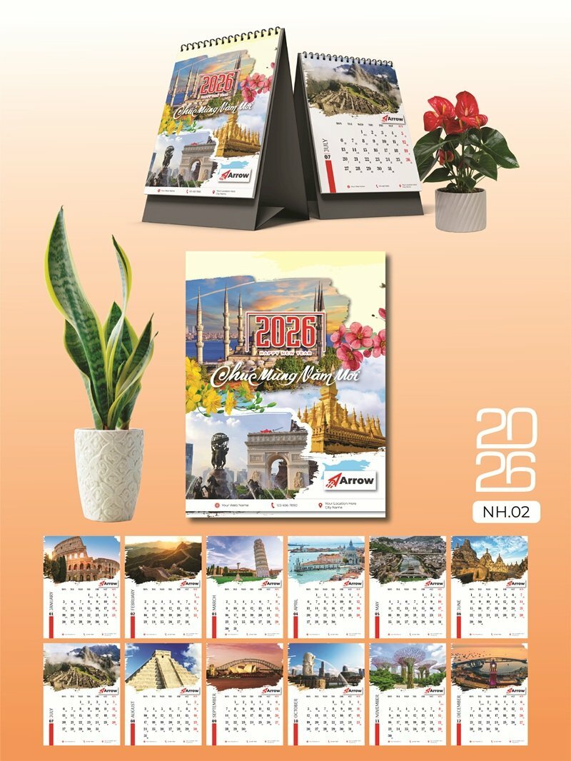Báo giá in lịch độc quyền để bàn chữ A thiết kế chủ đề Công Trình Kiến Trúc Nổi Tiếng Thế Giới - Mã NH02 - INKTS2663