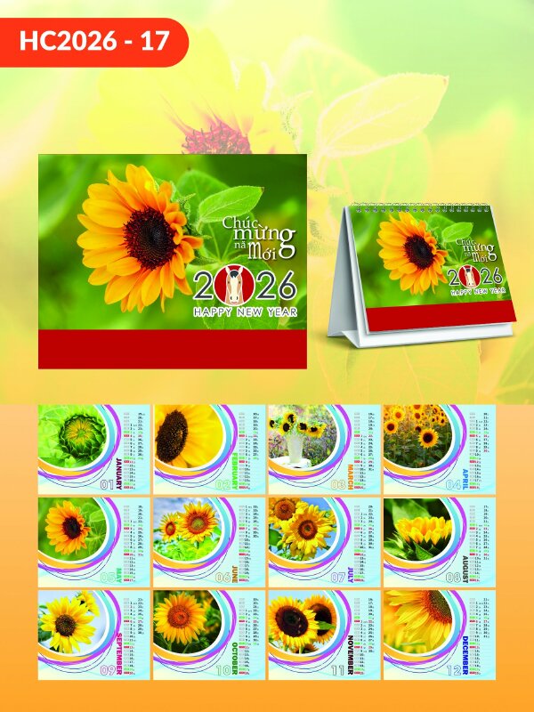 Cơ sở in lịch Tết để bàn chữ A thiết kế chủ đề Hoa Hướng Dương Rực Rỡ - Mã HC2026-17 - INKTS2290