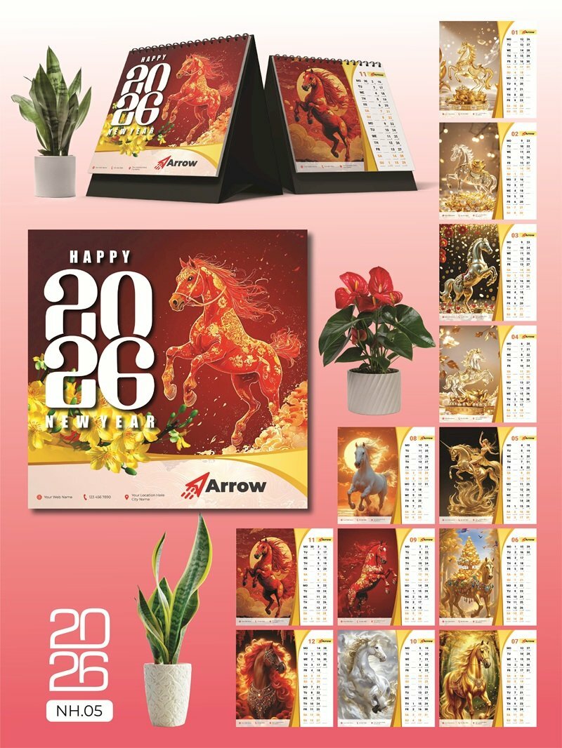 Công ty in lịch để bàn chữ A thiết kế chủ đề Bính Ngọ Ngựa Tung Vó - Mã NH05 - INKTS2666