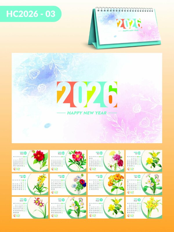 Dịch vụ in lịch Tết để bàn chữ A thiết kế chủ đề Watercolour Florals - Mã HC2026-03 - INKTS2276