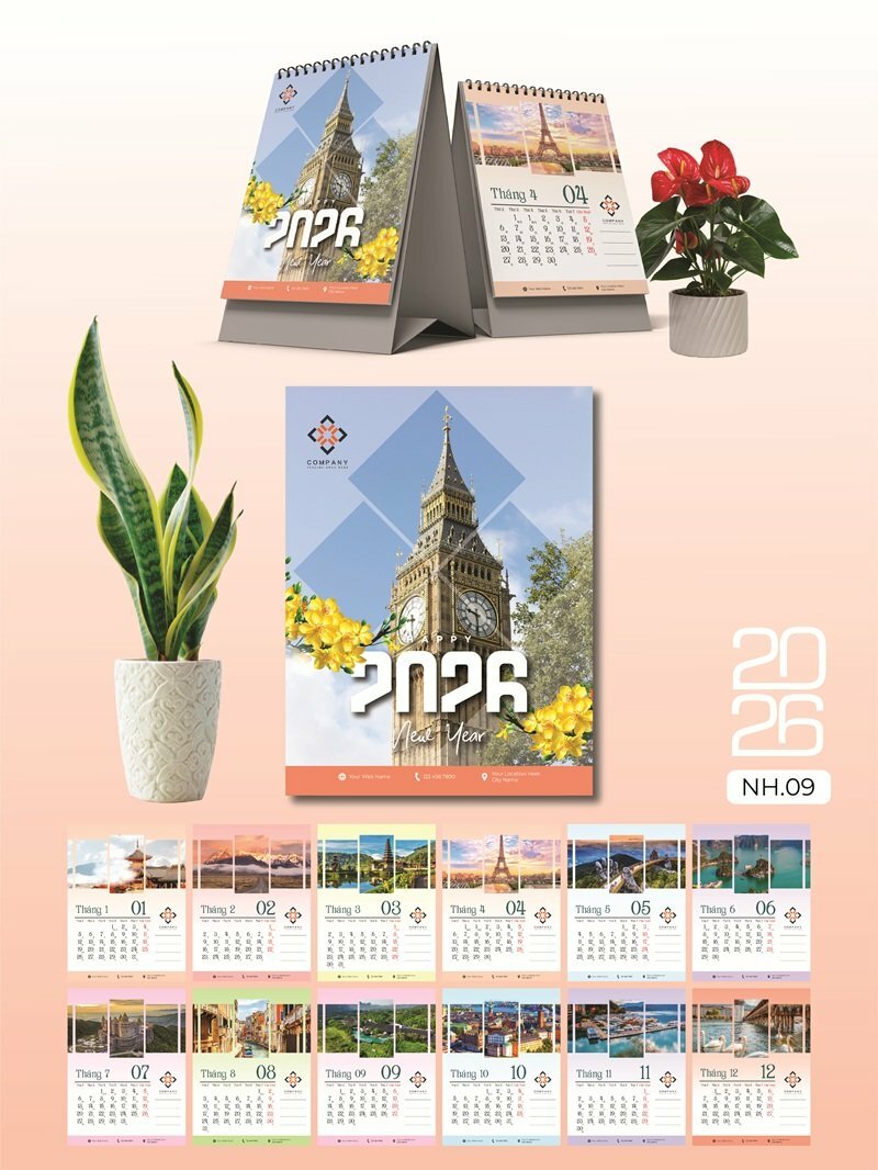 Giá in lịch để bàn chữ A thiết kế chủ đề Địa danh du lịch nổi tiếng thế giới - Mã NH09 - INKTS2670