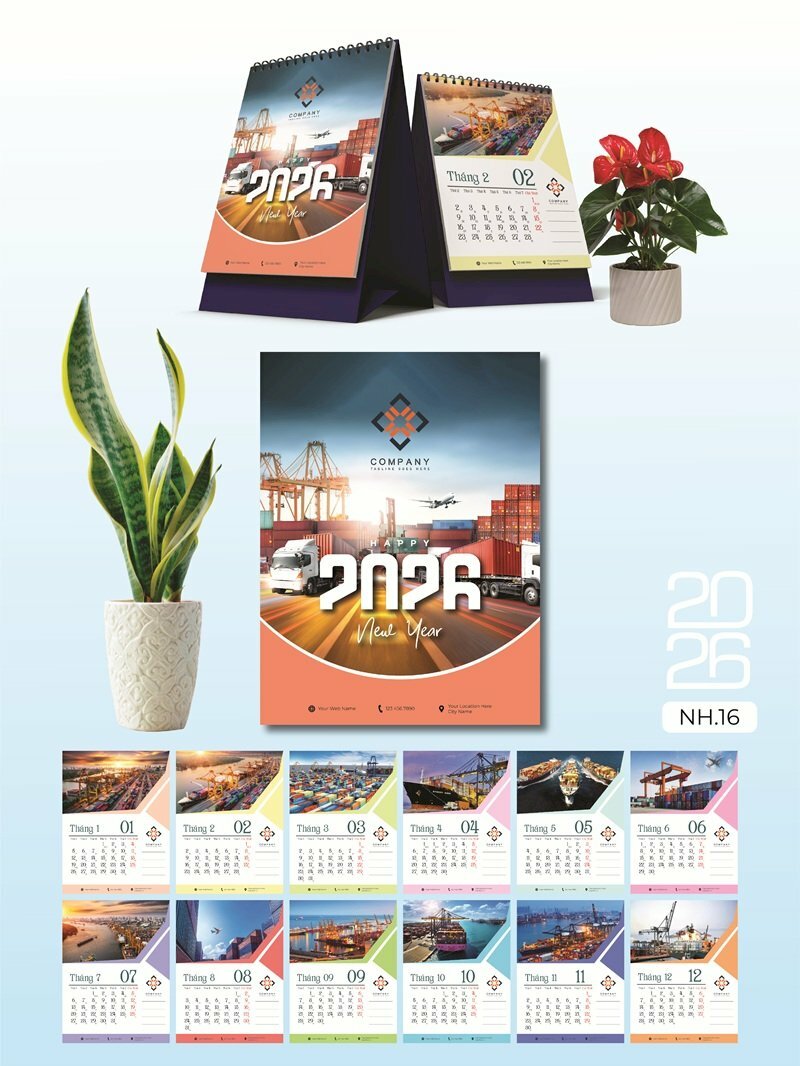 Giá in lịch Tết để bàn chữ A thiết kế chủ đề Xuất Nhập Khẩu Logistic - Mã NH16 - INKTS2598