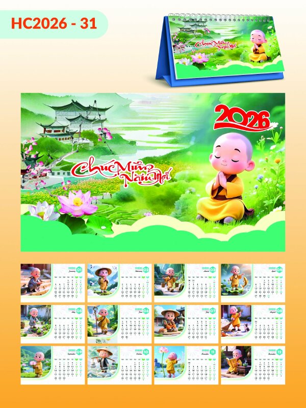 Giá lịch để bàn chữ A thiết kế chủ đề Phật Giáo Nhà Chùa Chú Tiểu Chibi - Mã HC2026-31 - INKTS2304