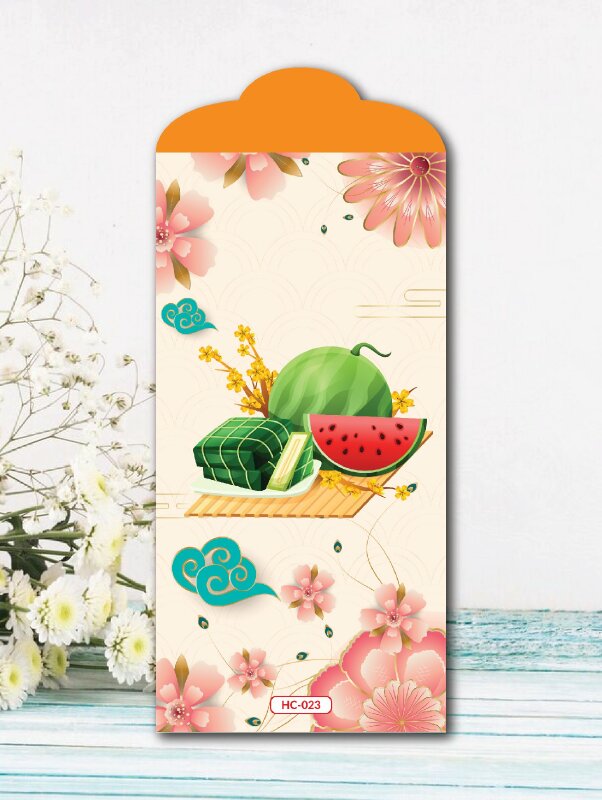 In ấn bao lì xì Bánh chưng xanh bên Dưa hấu đỏ Cành mai vàng bên cạnh Đào tươi - Mã HC023 - INKTS2419