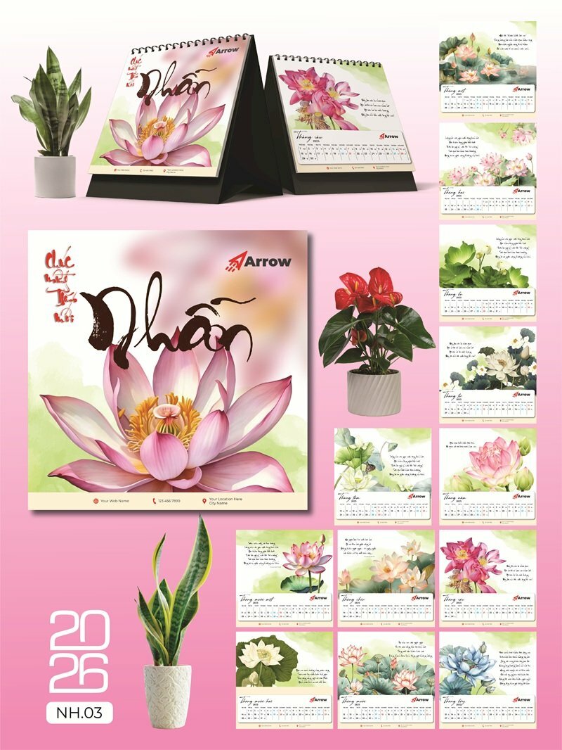 In ấn lịch để bàn chữ A thiết kế chủ đề Hoa Sen - Mã NH03 - INKTS2664
