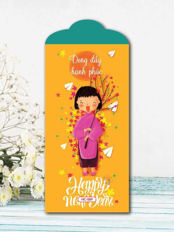 In bao lì xì màu vàng Happy Tết Bé Vui Xuân Đong Đầy Hạnh Phúc - Mã HC089 - INKTS2586