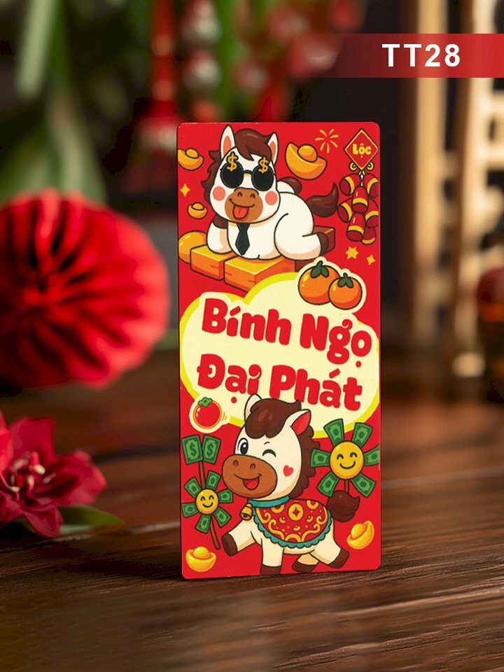 In bao lì xì nhũ vàng nền đỏ Xuân Bính Ngọ Đại Phát - Mã TT28 - INKTS2626