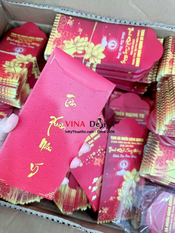 In bao lì xì Phật giáo, bao lì xì Thành Kính Cúng Dường, phong bao lì xì đựng câu đối, chúc Tết hái lộc đầu xuân tại Chùa, hàng gửi đi Mỹ từ TPHCM - INKTS983