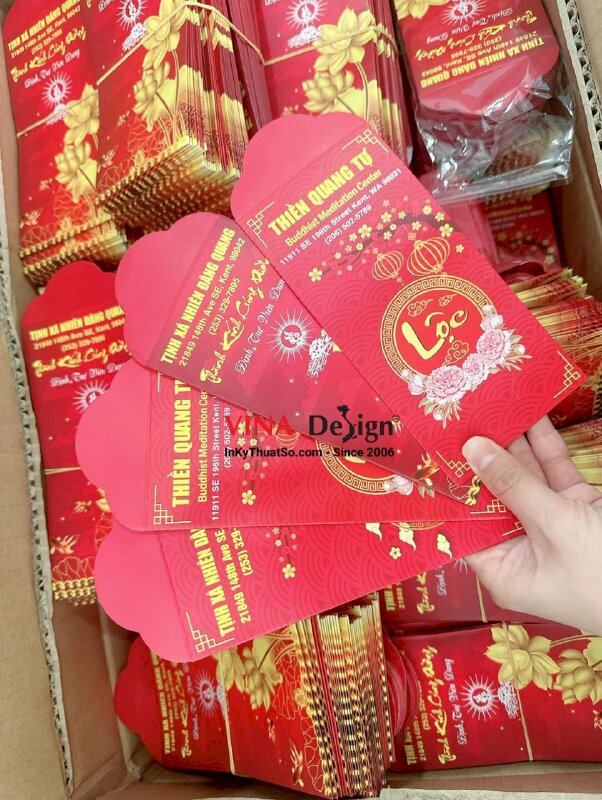 In bao lì xì Phật giáo, bao lì xì Thành Kính Cúng Dường, phong bao lì xì đựng câu đối, chúc Tết hái lộc đầu xuân tại Chùa, hàng gửi đi Mỹ từ TPHCM - INKTS983