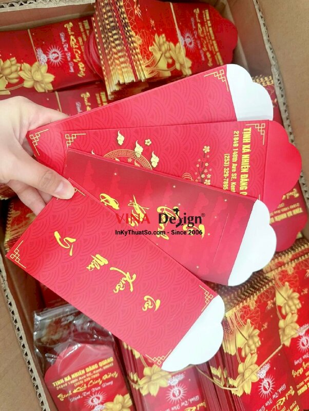 In bao lì xì Phật giáo, bao lì xì Thành Kính Cúng Dường, phong bao lì xì đựng câu đối, chúc Tết hái lộc đầu xuân tại Chùa, hàng gửi đi Mỹ từ TPHCM - INKTS983