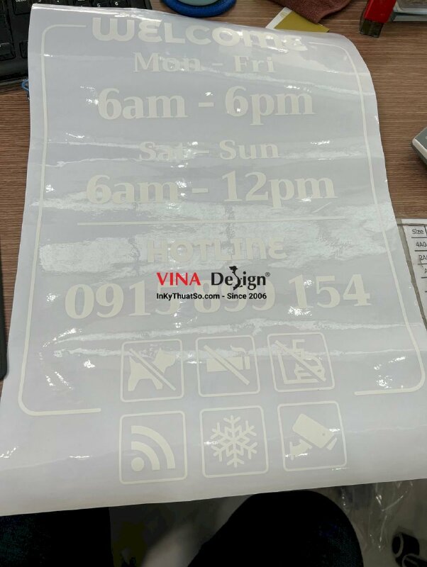 In Decal dán kính giờ đóng mở cửa, Business Hours Door Sign Decal Shop working in UV mực trắng - INKTS2237