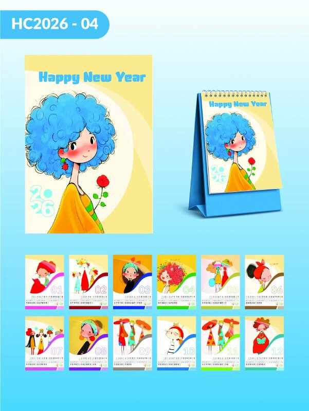 In hình lịch chữ A để bàn thiết kế chủ đề Chibi Girl Drawing Vector Art - Mã HC2026-04 - INKTS2277