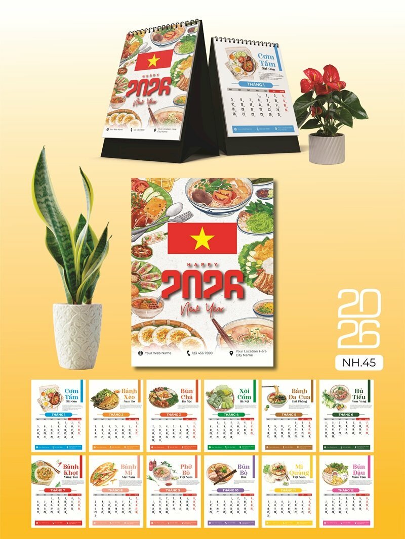 In lịch để bàn 1 cuốn thiết kế chủ đề Ẩm Thực Việt Nam - Mã NH45 - INKTS2627