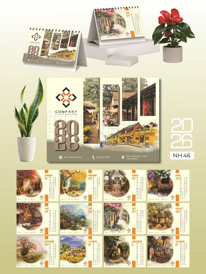 In lịch để bàn chữ A thiết kế chủ đề Quê Nhà Việt Nam Thôn Quê - Mã NH46 - INKTS2628