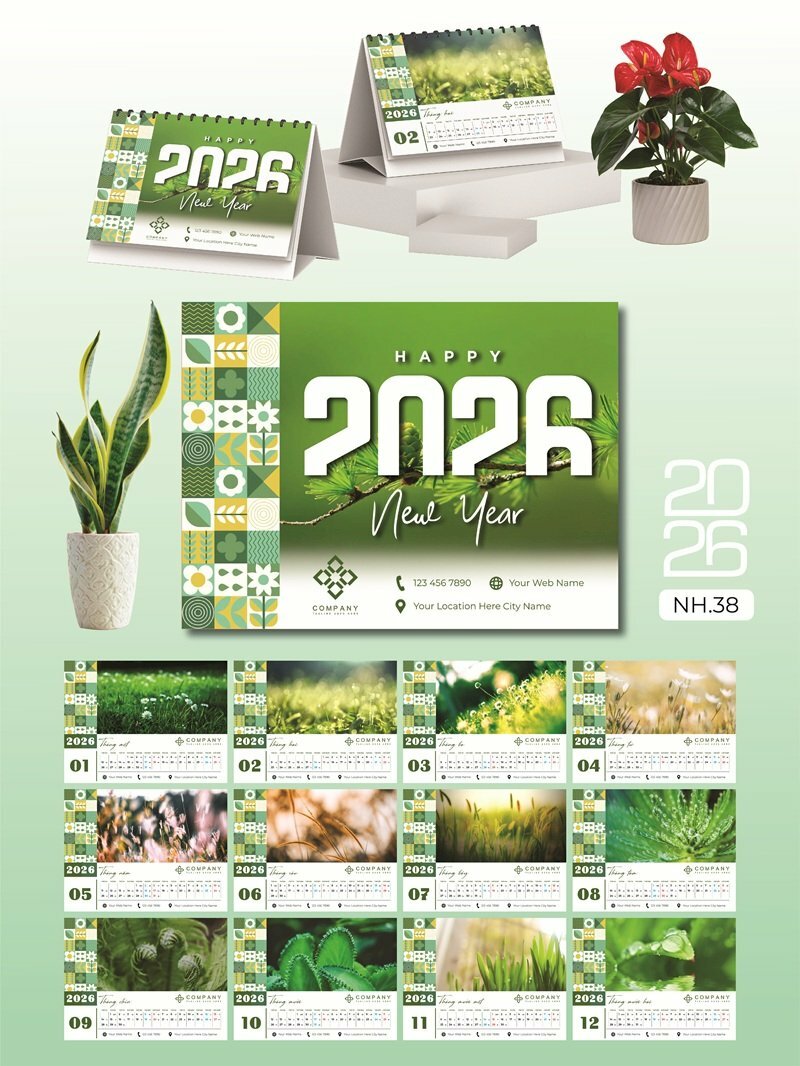 In lịch để bàn công ty thiết kế chủ đề Màu Xanh Hoa Lá Green Leaf - Mã NH38 - INKTS2620