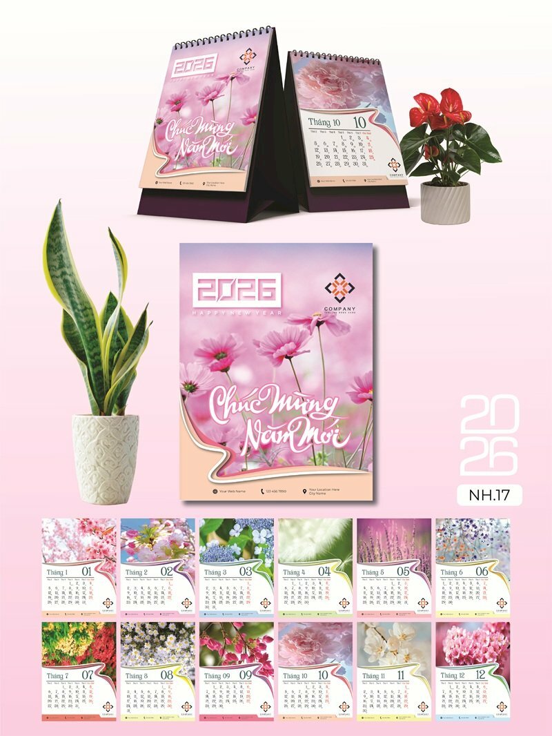 In lịch để bàn theo yêu cầu thiết kế chủ đề Hoa Khoe Sắc, Xuân Rộn Ràng - Mã NH17 - INKTS2599
