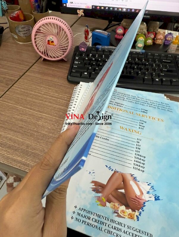 In menu Nail Spa tiếng Anh, hàng gửi đi Mỹ từ TPHCM, menu bìa bồi gáy lò xo - INKTS2232