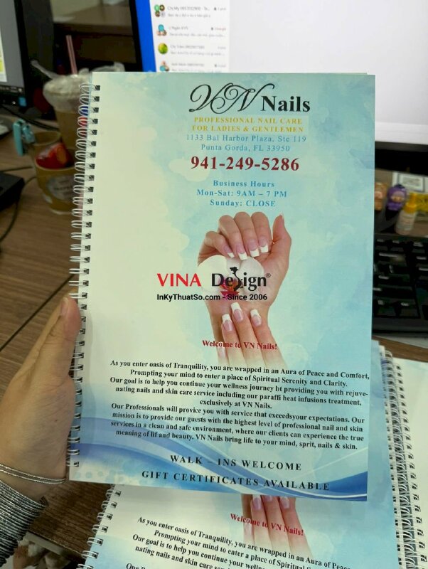 In menu Nail Spa tiếng Anh, hàng gửi đi Mỹ từ TPHCM, menu bìa bồi gáy lò xo - INKTS2232