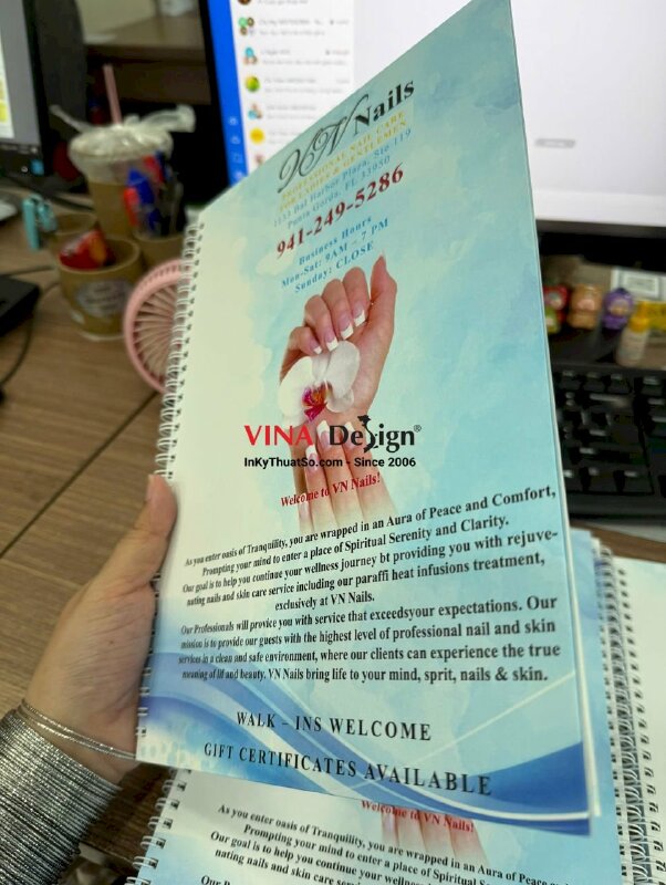In menu Nail Spa tiếng Anh, hàng gửi đi Mỹ từ TPHCM, menu bìa bồi gáy lò xo - INKTS2232