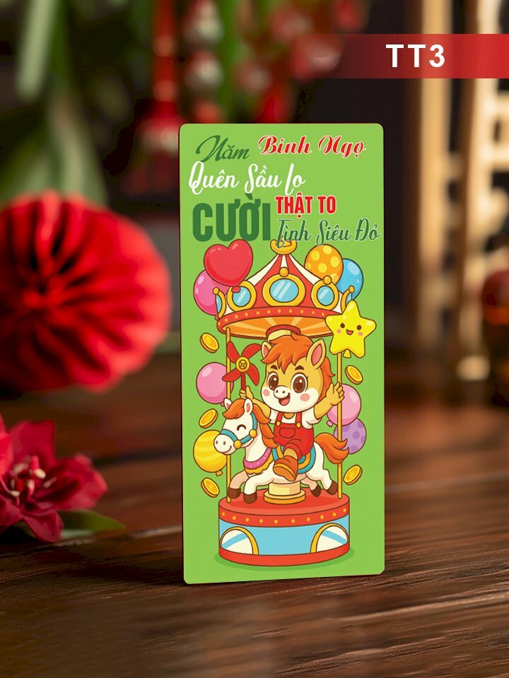 In phong bì lì xì Tết Năm Bính Ngọ Quên Sầu Lo Cười Thật To Tình Siêu Đỏ - Mã TT03 - INKTS2601