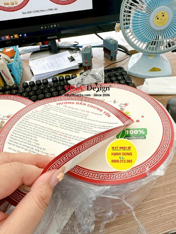 In tờ rơi hướng dẫn sử dụng bỏ kèm hộp yến, tem giấy bế tròn đường kính 19cm - INKTS2231