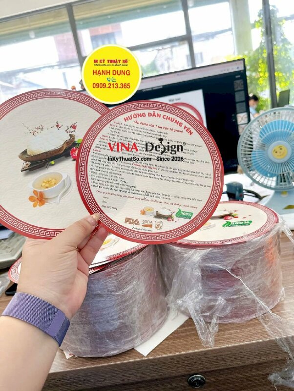 In tờ rơi hướng dẫn sử dụng bỏ kèm hộp yến, tem giấy bế tròn đường kính 19cm - INKTS2231
