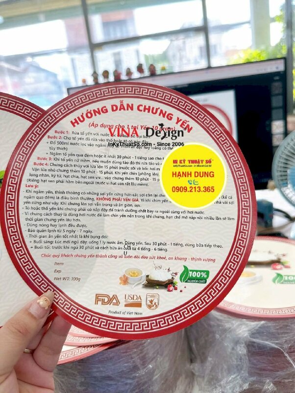 In tờ rơi hướng dẫn sử dụng bỏ kèm hộp yến, tem giấy bế tròn đường kính 19cm - INKTS2231