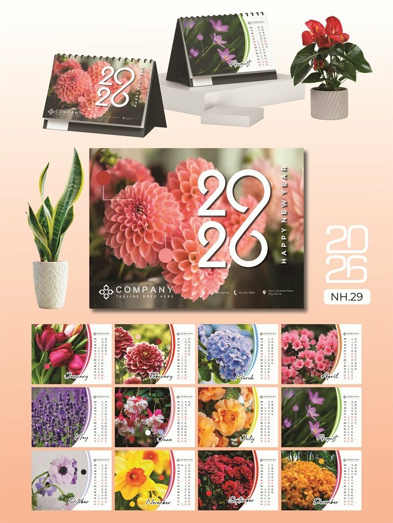 Lịch bàn độc đáo chữ A để bàn thiết kế chủ để Hoa Xuân Tụ Hội - Mã NH29 - INKTS2611