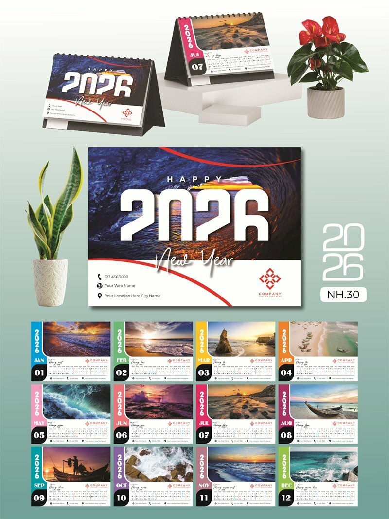 Lịch bàn làm việc chữ A để bàn thiết kế chủ đề Hoàng Hôn Bình Minh Biển Khơi - Mã NH30 - INKTS2612