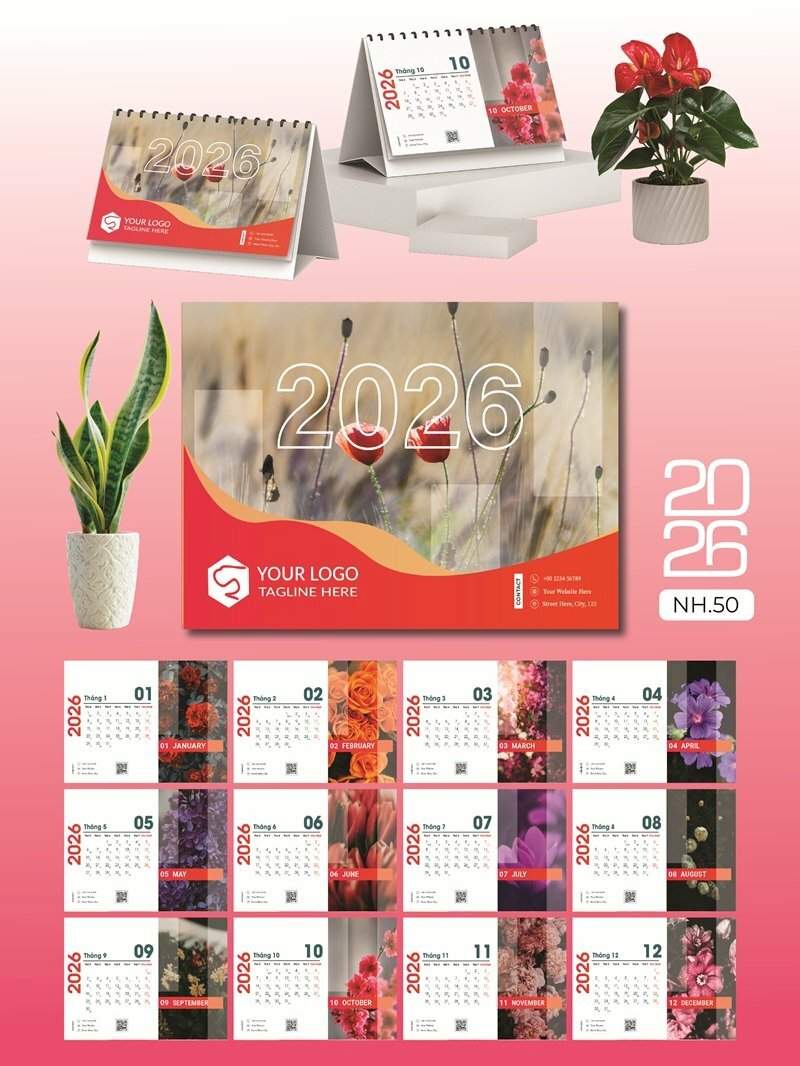 Lịch chữ A để bàn thiết kế chủ đề Muôn Hoa Hội Tụ - Mã NH50 - INKTS2632