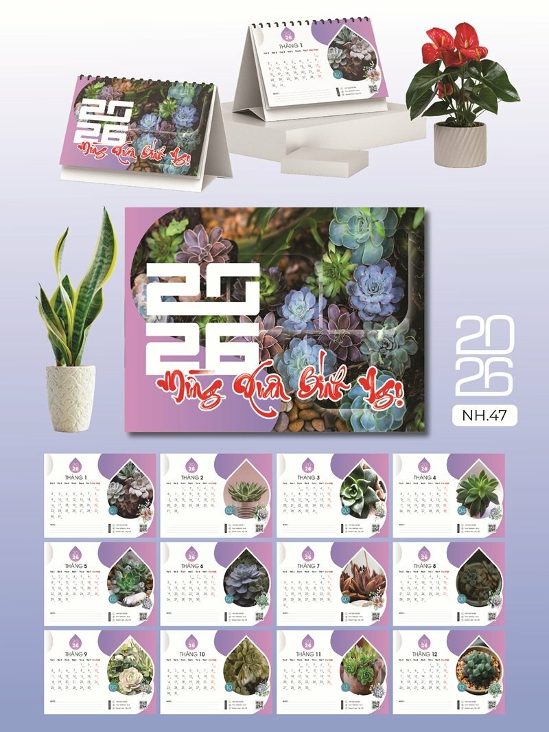 Lịch chữ A để bàn thiết kế chủ đề Sen Đá - Mã NH47 - INKTS2629