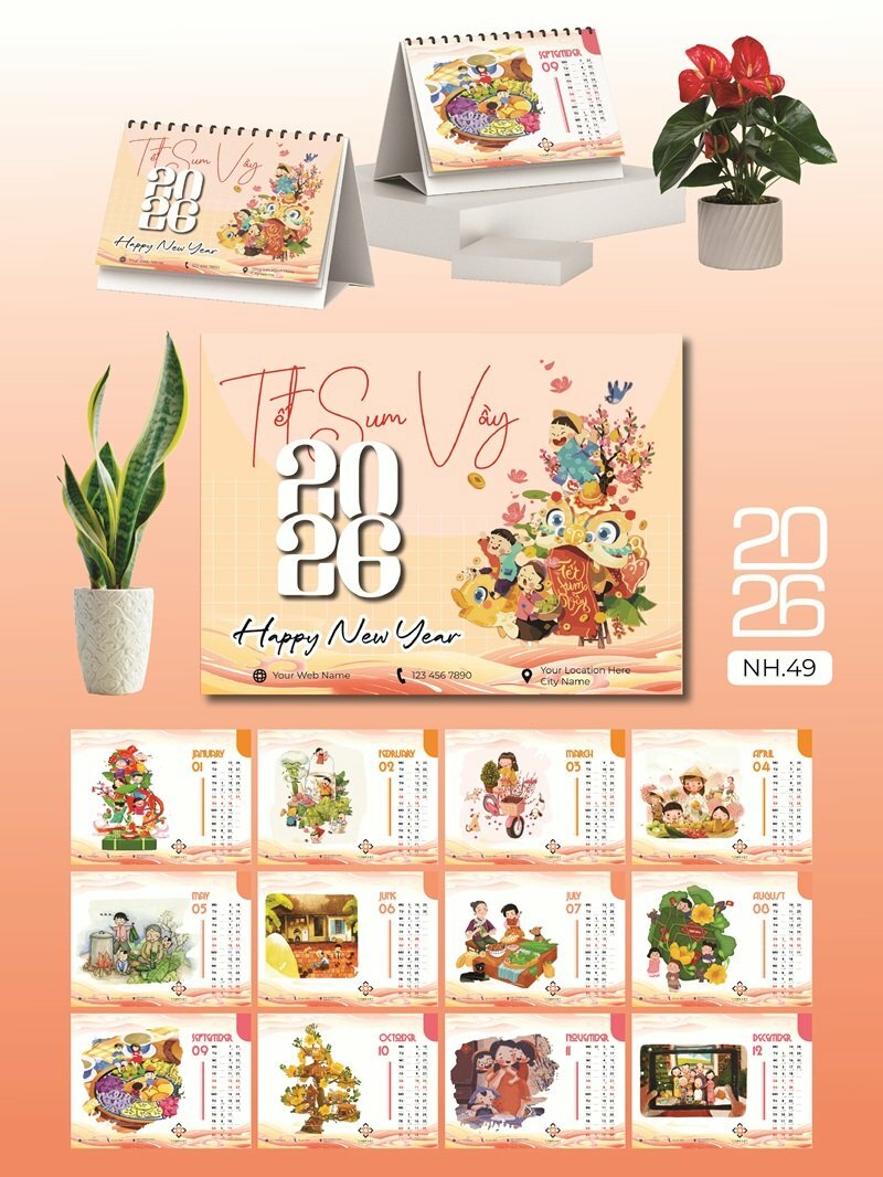Lịch để bàn chữ A thiết kế chủ đề Tết Cổ Truyền Việt Nam - Mã NH49 - INKTS2631