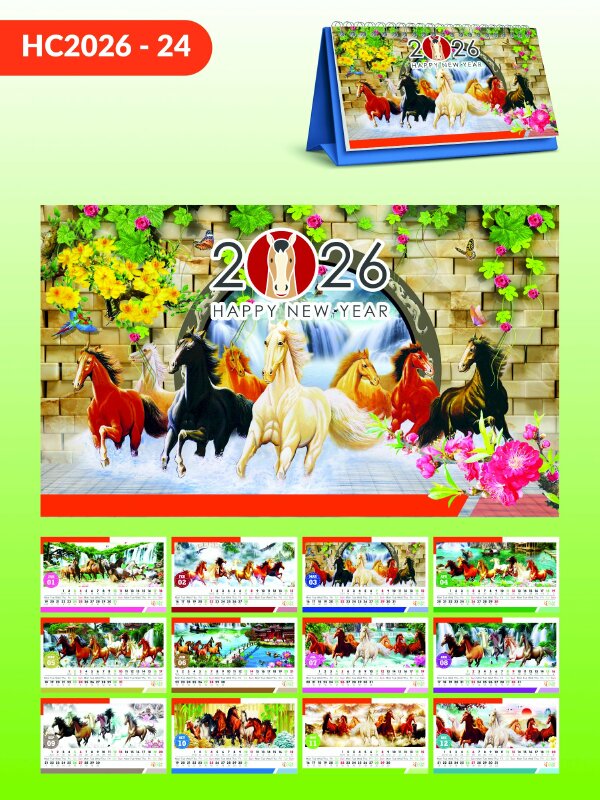 Lịch để bàn Tết chữ A thiết kế chủ đề Mã Đáo Thành Công Bát Mã Bính Ngọ - Mã HC2026-24 - INKTS2297