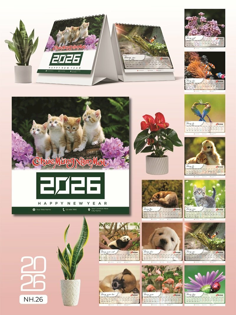 Lịch tuần để bàn chữ A thiết kế chủ đề Mèo Cún Cá cảnh Thủy sinh - Mã NH26 - INKTS2608