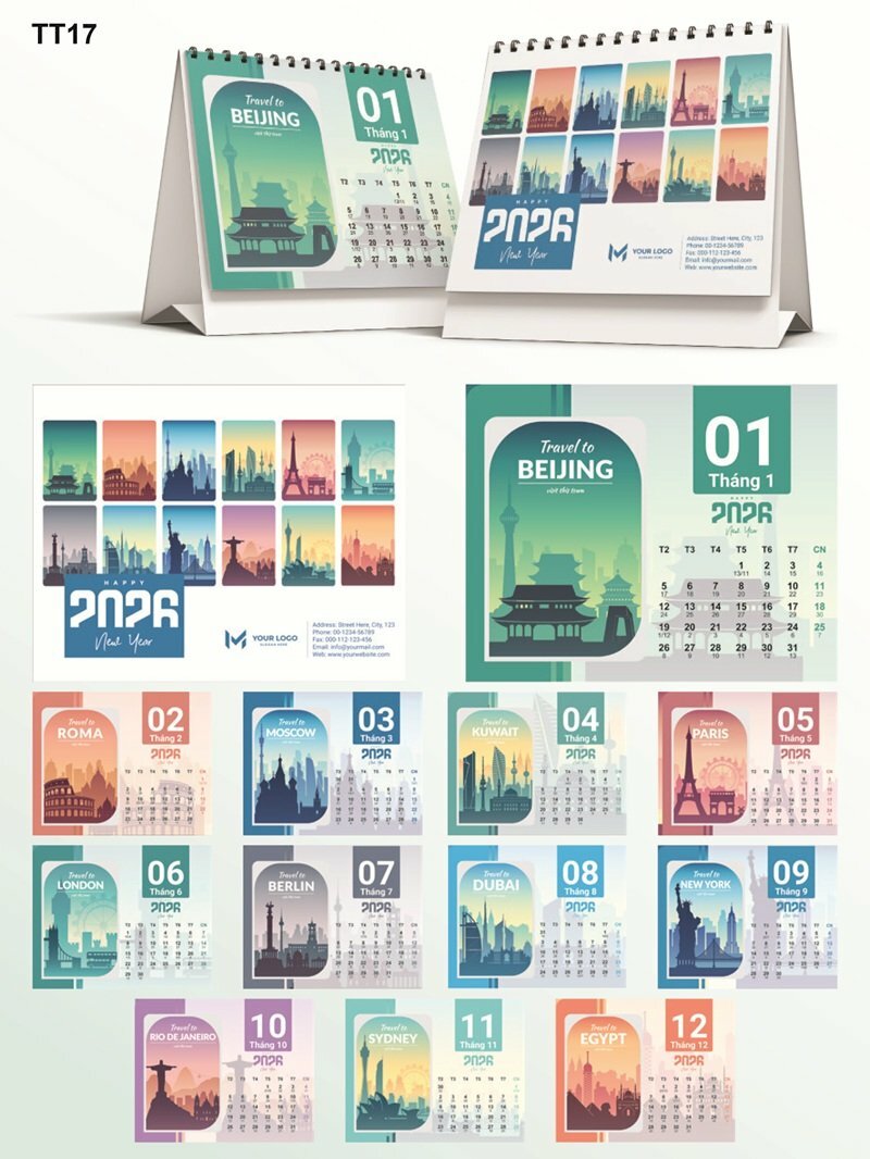 Thiết kế in ấn lịch Tết chủ đề phong cách hiện đại Flat Design Gradient Pastel Minimalist Travel Poster - Mã TT17 - INKTS2198