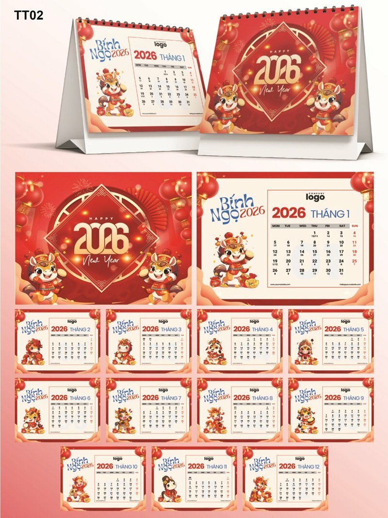 Thiết kế lịch Tết chữ A để bàn chủ đề Bính Ngọ Chibi - Mã TT02 - INKTS2183