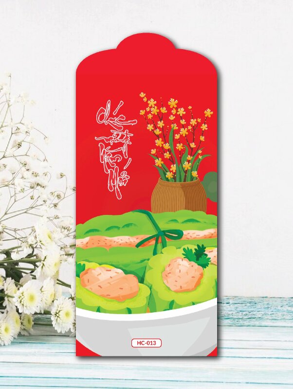 Thiết kế phong bao lì xì màu xanh món ăn ngày Tết Chúc Mừng Năm Mới - Mã HC013 - INKTS2409