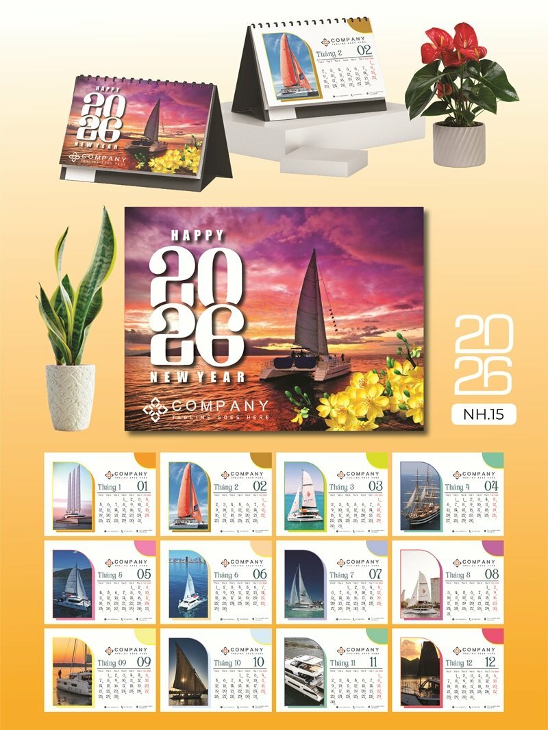 Xưởng in lịch Tết để bàn chữ A thiết kế chủ đề Du Thuyền Ra Khơi - Mã NH15 - INKTS2676