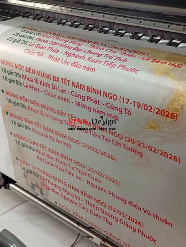 In bảng Chương trình Tết Nguyên Đán Xuân Bính Ngọ cho nhà Chùa, in vải Canvas nẹp gỗ 2 đầu treo tường - INKTS2548