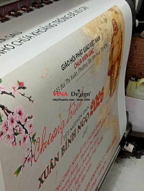 In bảng Chương trình Tết Nguyên Đán Xuân Bính Ngọ cho nhà Chùa, in vải Canvas nẹp gỗ 2 đầu treo tường - INKTS2548