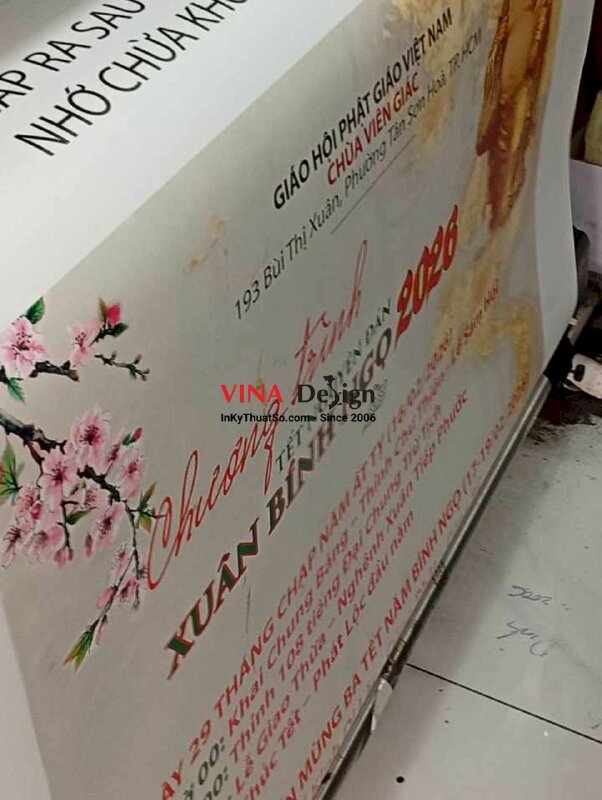 In bảng Chương trình Tết Nguyên Đán Xuân Bính Ngọ cho nhà Chùa, in vải Canvas nẹp gỗ 2 đầu treo tường - INKTS2548