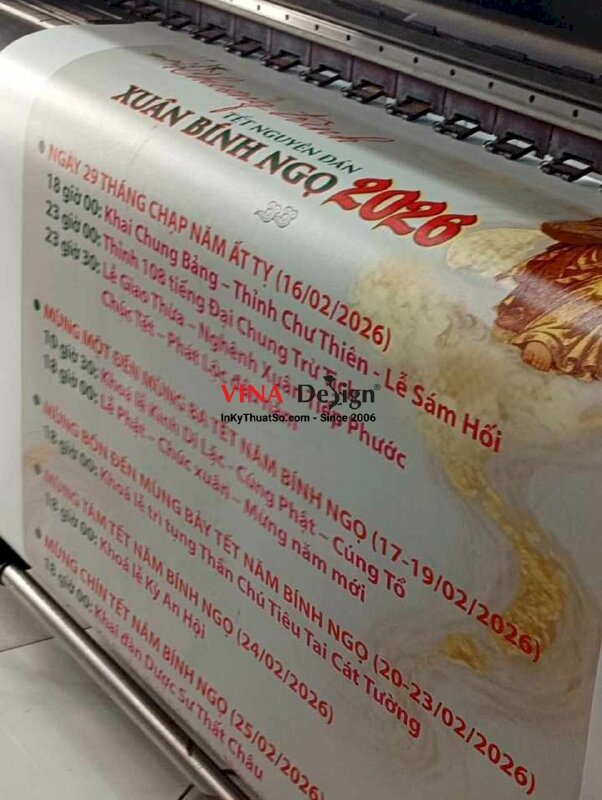 In bảng Chương trình Tết Nguyên Đán Xuân Bính Ngọ cho nhà Chùa, in vải Canvas nẹp gỗ 2 đầu treo tường - INKTS2548