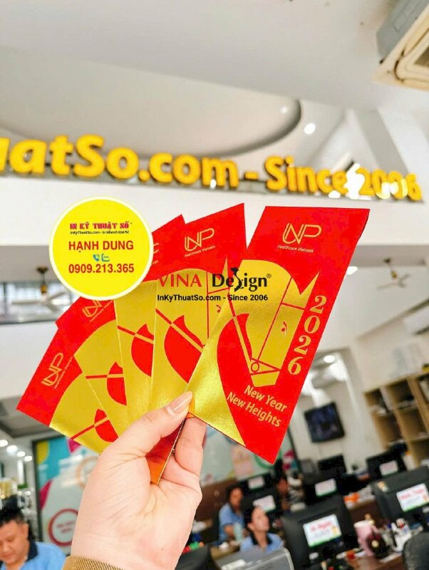 In bao lì xì giấy mỹ thuật đỏ nhung cao cấp, ép kim linh vật năm, logo công ty - INKTS2262