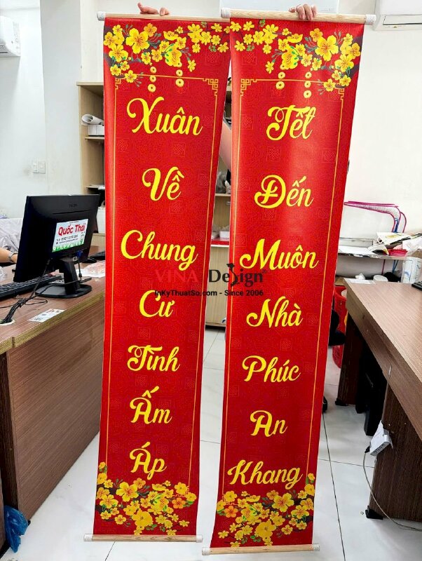 In liễn câu đối treo Tết, vải Canvas mực dầu bóng, nẹp gỗ 2 đầu - INKTS2767