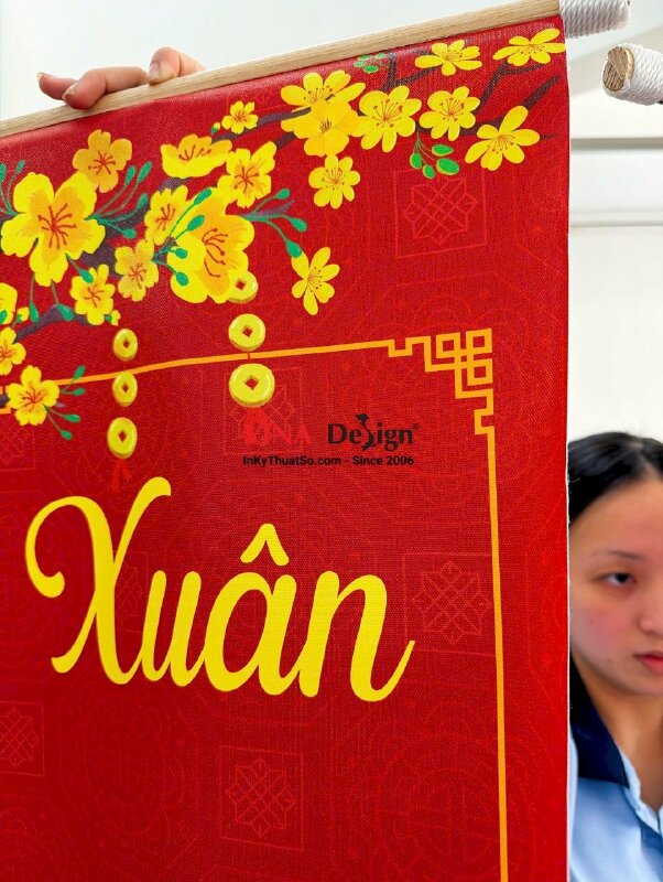 In liễn câu đối treo Tết, vải Canvas mực dầu bóng, nẹp gỗ 2 đầu - INKTS2767