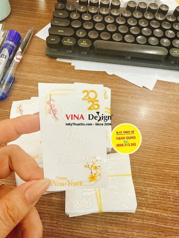 In nhãn chữ Xuân Yêu Thương UV DTF dán quà Tết cho công ty chuyên cung cấp nguyên liệu mỹ phẩm - INKTS3066