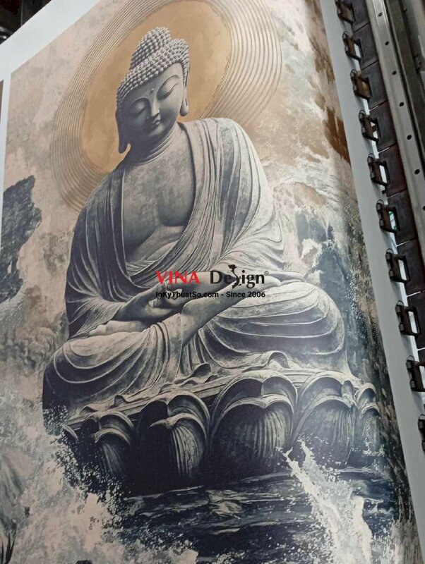 In tranh tượng Phật tone màu trung tính, trầm lạnh Earth tone, in vải Canvas mực dầu mờ - INKTS2361